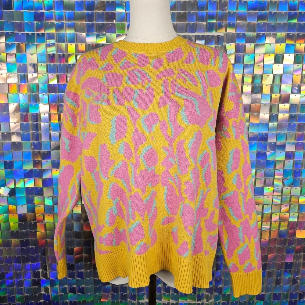 Abstract Animal Print Sweater Womens M Bright Yellow Pink Knit Giraffe Dopamine - Picture 2 of 8